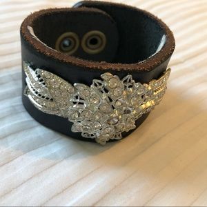 Handmade leather cuff bracelet with vintage brooch